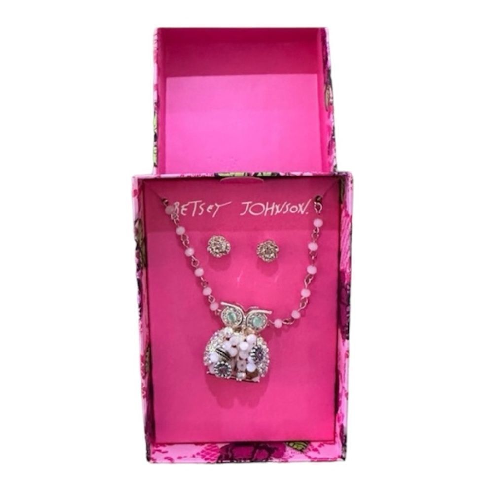 NEW Betsy Johnson Owl Pendant Necklace & Flower Earring Set